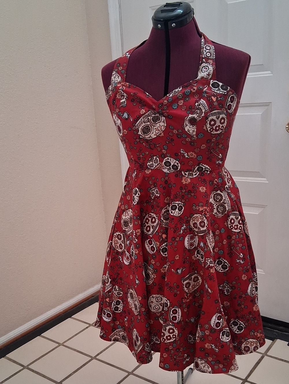 Hell Bunny Red One-Shoulder Skull Print Fit-and-Flare Dress